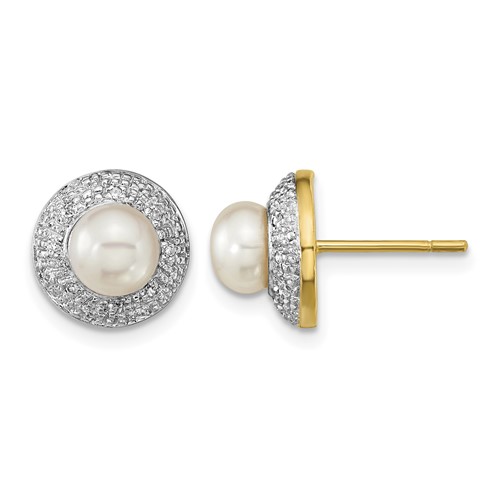 14K and White Rhodium 5-6mm White Button Freshwater Cultured Pearl and.05 Carat Diamond Post Earrings
