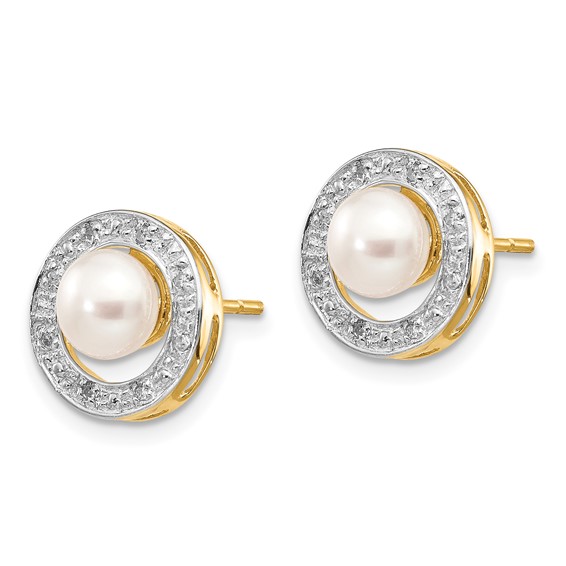 14k and White Rhodium 5-6mm White Button Freshwater Cultured Pearl and .05 carat Diamond Post Earrings