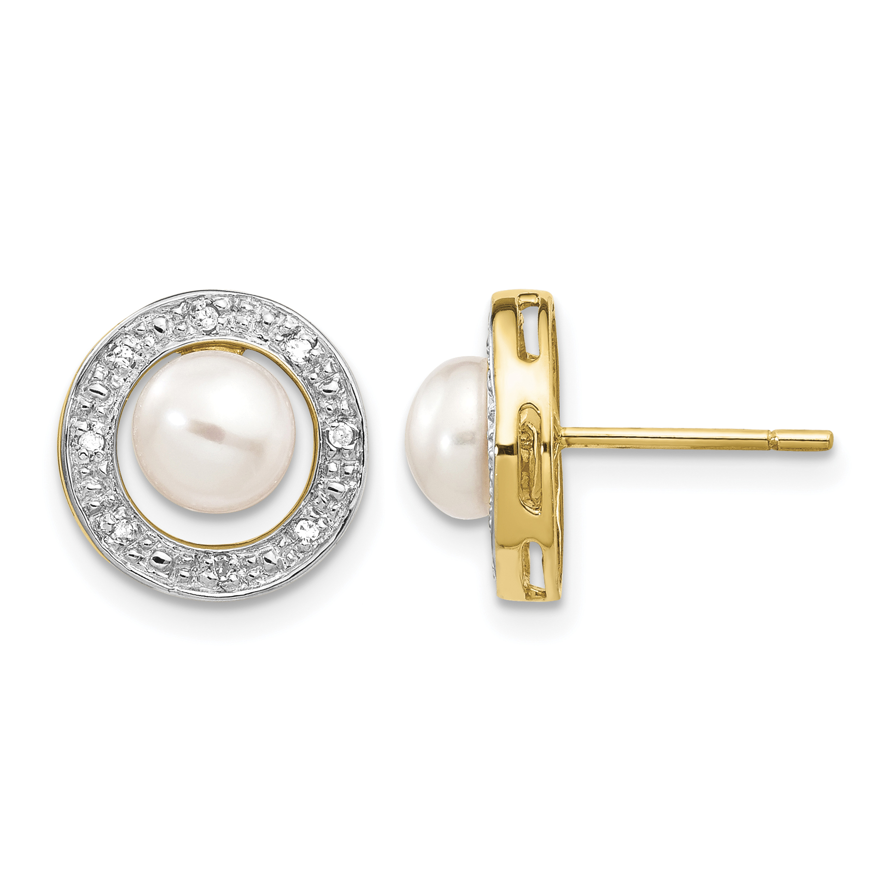 14k and Rhodium 5-6mm Button FWC Pearl .05ct Diamond Post Earrings (XE1972P/A)