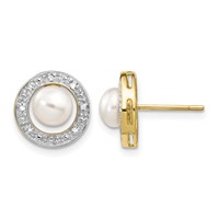 14K and White Rhodium 5-6mm White Button Freshwater Cultured Pearl and.05 Carat Diamond Post Earrings view 1