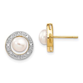 14k and White Rhodium 5-6mm White Button Freshwater Cultured Pearl and .05 carat Diamond Post Earrings