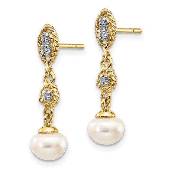 14k and White Rhodium 6-7mm Semi-round White Freshwater Cultured Pearl and .02 carat Diamond Dangle Post Earrings