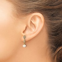 14K and White Rhodium 6-7mm Semi-round White Freshwater Cultured Pearl and.02 Carat Diamond Dangle Post Earrings view 3
