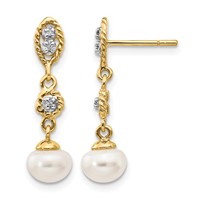 14K and White Rhodium 6-7mm Semi-round White Freshwater Cultured Pearl and.02 Carat Diamond Dangle Post Earrings view 1