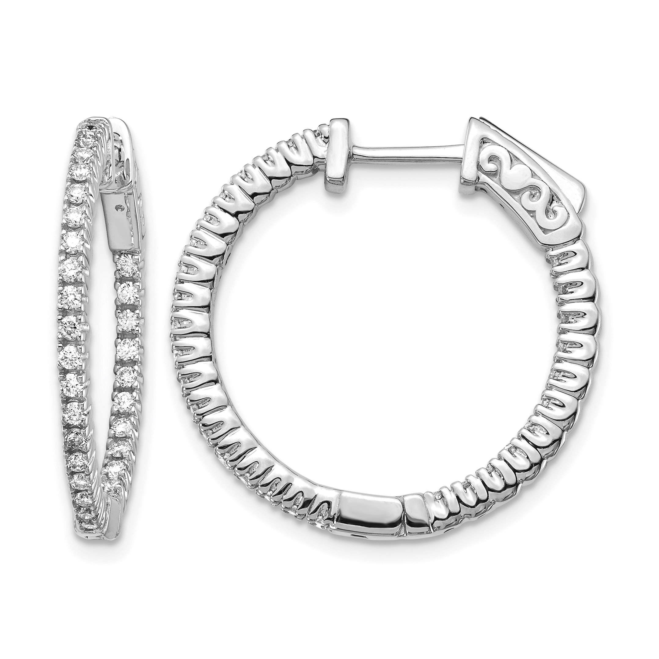 14k White Gold 5/8 carat Lab Grown Diamond VS/SI+ G+ Round In and Out Safety Clasp Hoop Earrings (XE1984WLG)