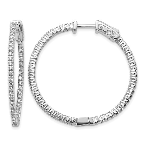 14K White Gold 3 4 Carat Diamond Round in Out Hoop W Safety Clasp Earrings