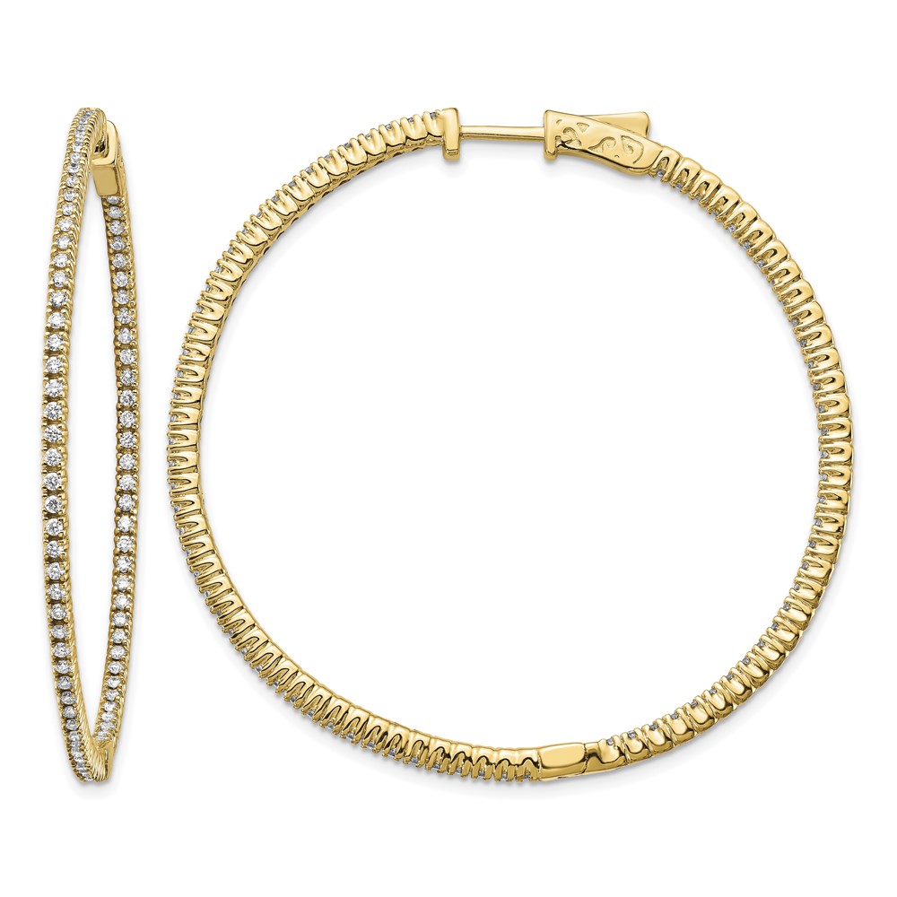 14K Yellow Gold 1.25 Carat Diamond Round in Out Hoop Earrings with Safety Clasp