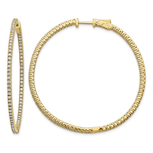 14K Yellow Gold 1.25 Carat Diamond Round in Out Hoop Earrings with Safety Clasp