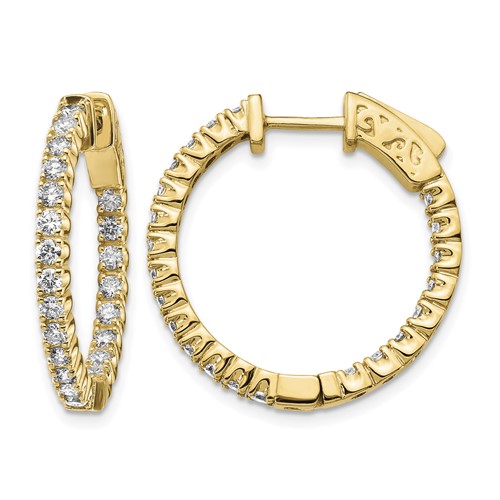 14K Yellow Gold 1.25 Carat Diamond Round in Out Hoop Earrings with Safety Clasp