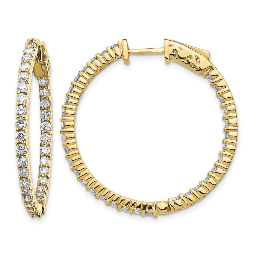 14K Yellow Gold 1.8 Carat Diamond Round in Out Hoop Earrings with Safety Clasp