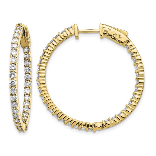 14K Yellow Gold 1.8 Carat Diamond Round in Out Hoop Earrings with Safety Clasp
