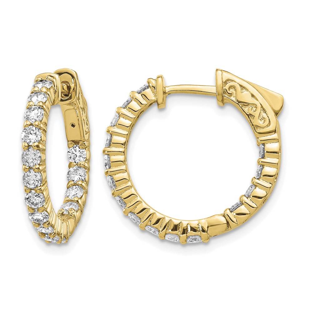 14K Yellow Gold 1.5 Carat Diamond Round in Out Hoop Earrings with Safety Clasp