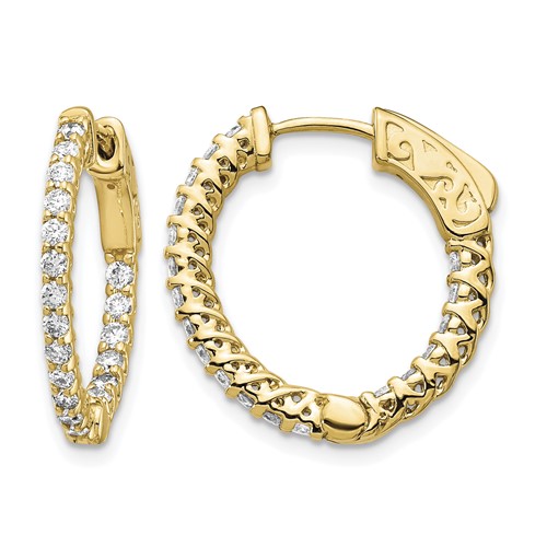 14K Yellow Gold.75 Carat Diamond Round in Out Hoop Earrings with Safety Clasp