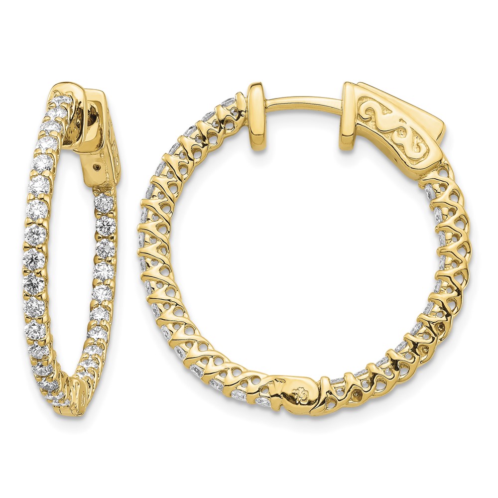 14K Yellow Gold 1.1 Carat Diamond Round in Out Hoop Earrings with Safety Clasp
