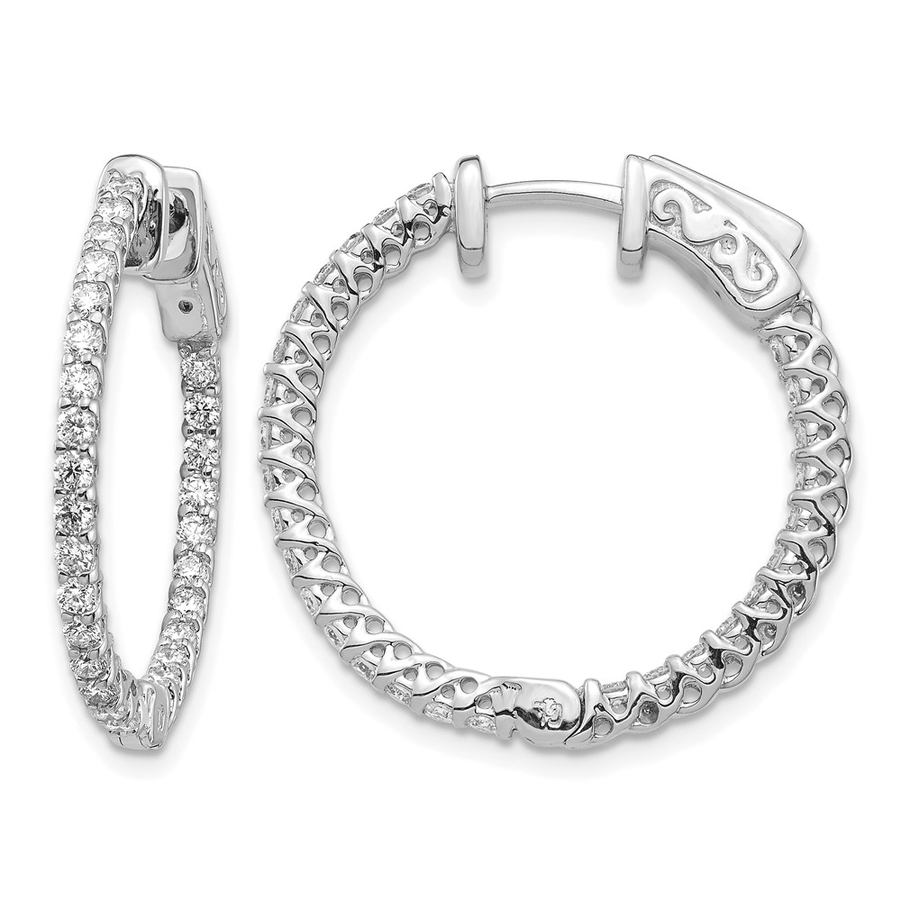 14K White Gold 1.1 Carat Diamond Round in Out Hoop Earrings with Safety Clasp