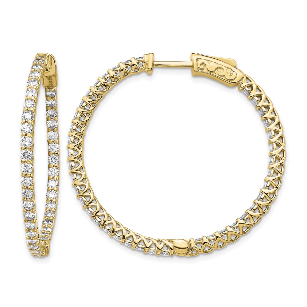 14K Yellow Gold 1.6 Carat Diamond Round in Out Hoop Earrings with Safety Clasp