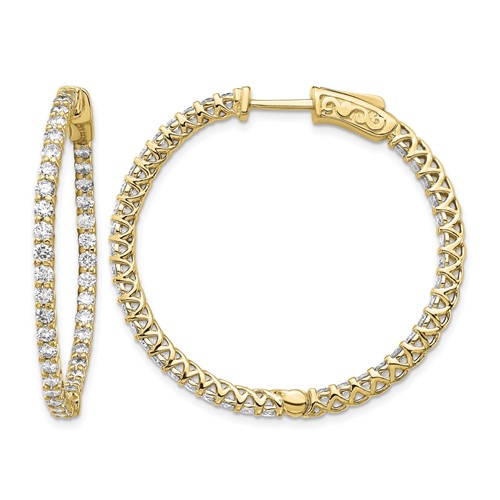 14K Yellow Gold 1.6 Carat Diamond Round in Out Hoop Earrings with Safety Clasp