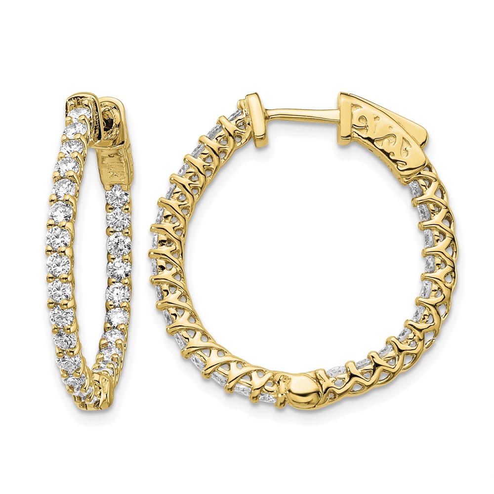 14K Yellow Gold 1.75 Carat Diamond Round in Out Hoop Earrings with Safety Clasp