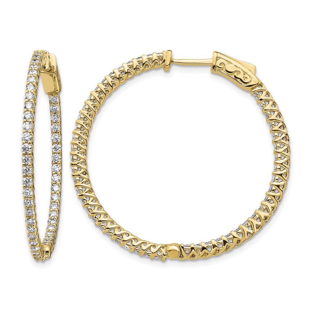 14K Yellow Gold 2.1 Carat Diamond Round in Out Hoop Earrings with Safety Clasp
