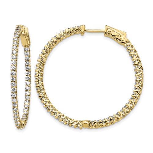 14K Yellow Gold 2.1 Carat Diamond Round in Out Hoop Earrings with Safety Clasp