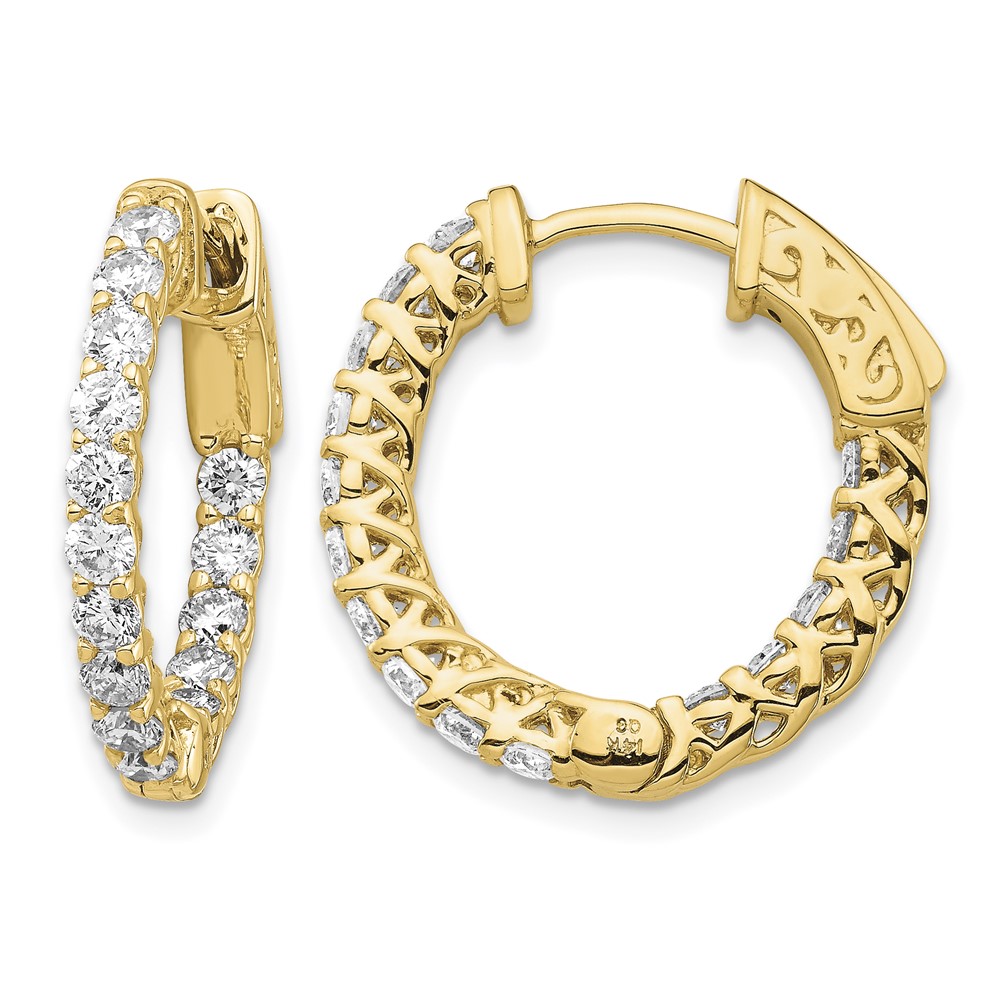 14K Yellow Gold 1.5 Carat Diamond Round in Out Hoop Earrings with Safety Clasp