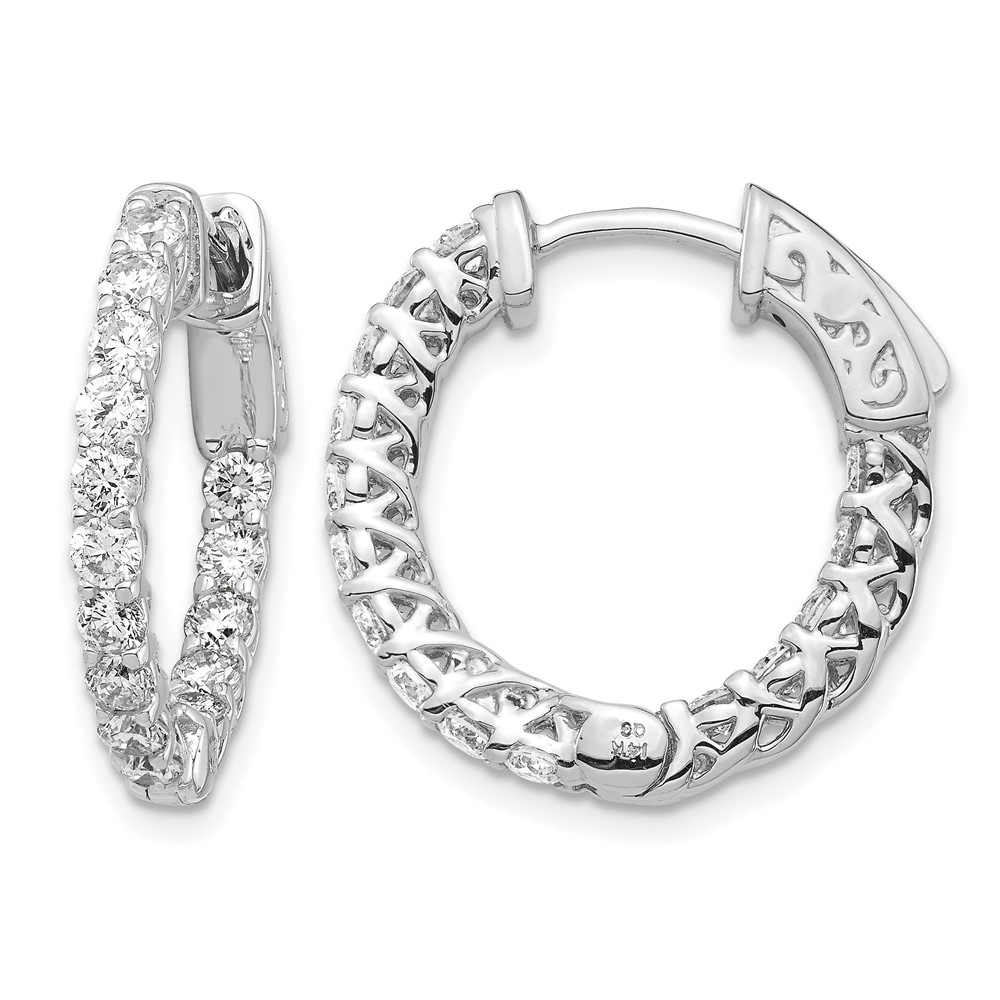 14K White Gold 1.5 Carat Diamond Round in Out Hoop Earrings with Safety Clasp
