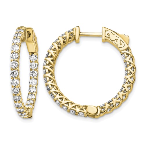 14K Yellow Gold 2.2 Carat Diamond Round in Out Hoop Earrings with Safety Clasp