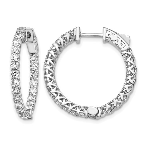 14K White Gold 2.2 Carat Diamond Round in Out Hoop Earrings with Safety Clasp