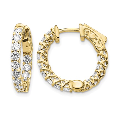 14K Yellow Gold 1.5 Carat Diamond Round in Out Hoop Earrings with Safety Clasp