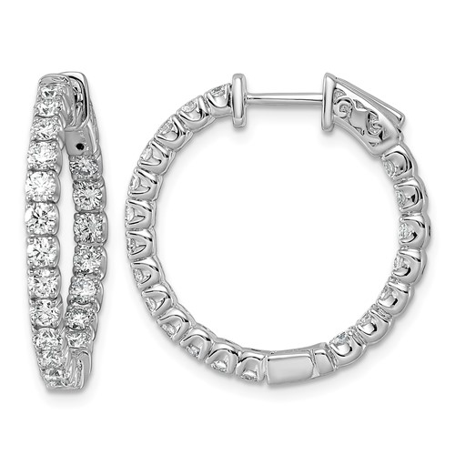 14K White Gold 2 Carat Diamond Round in Out Hoop Earrings with Safety Clasp
