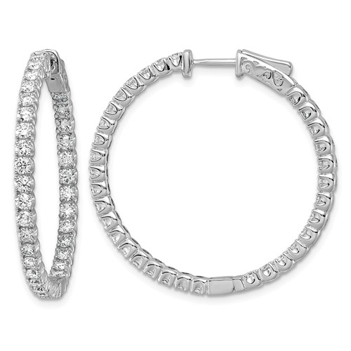 14K White Gold 3.3 Carat Diamond Round in Out Hoop Earrings with Safety Clasp