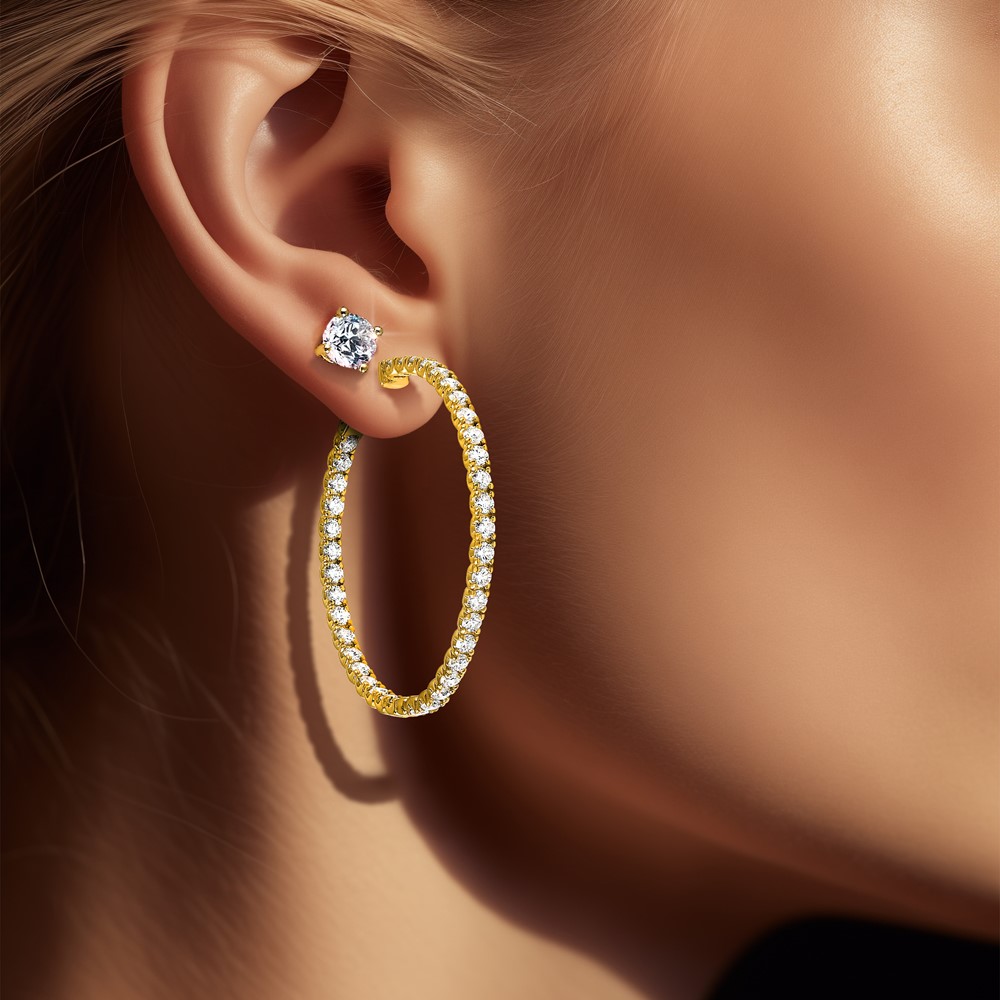 14k 7 1/4 carat Lab Grown Dia VS/SI+ G+ Round In and Out Safety Clasp Hoop Earrings (XE2018LG)