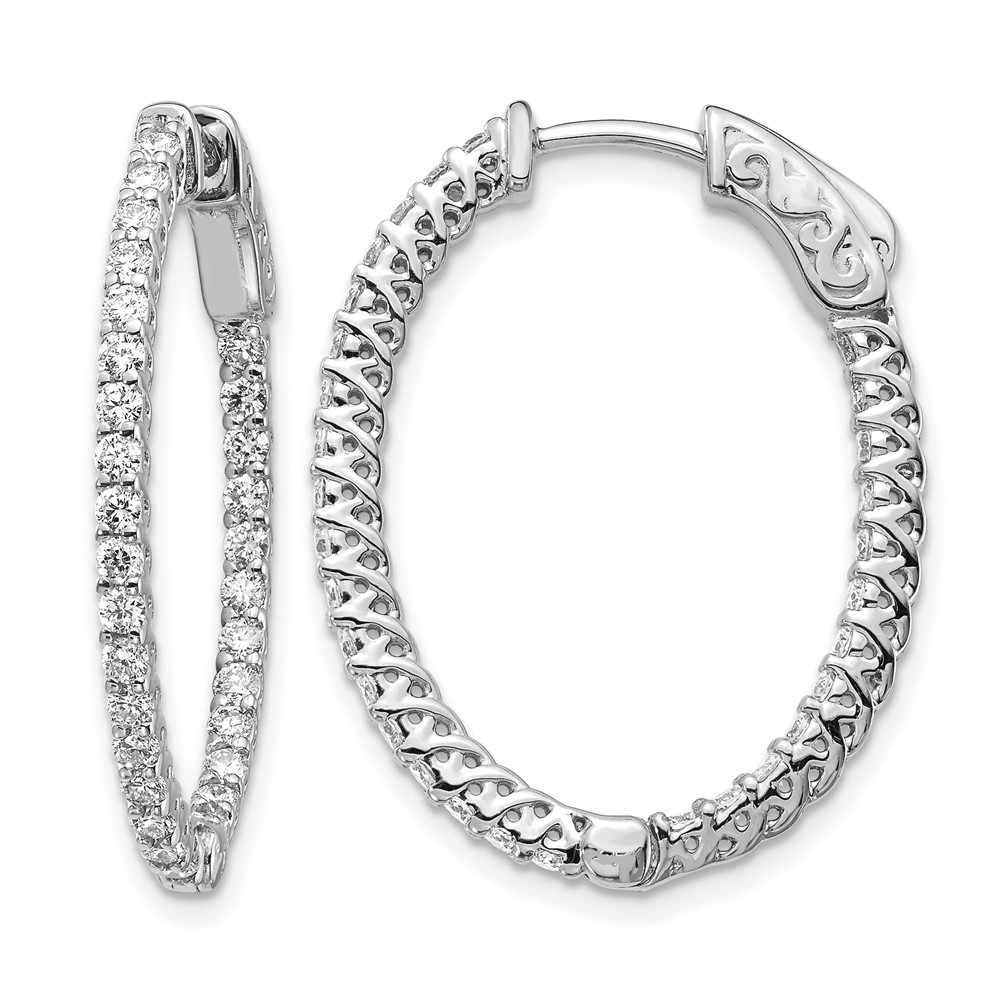 14K White Gold 1.2 Carat Diamond Oval in Out Hoop Earrings with Safety Clasp