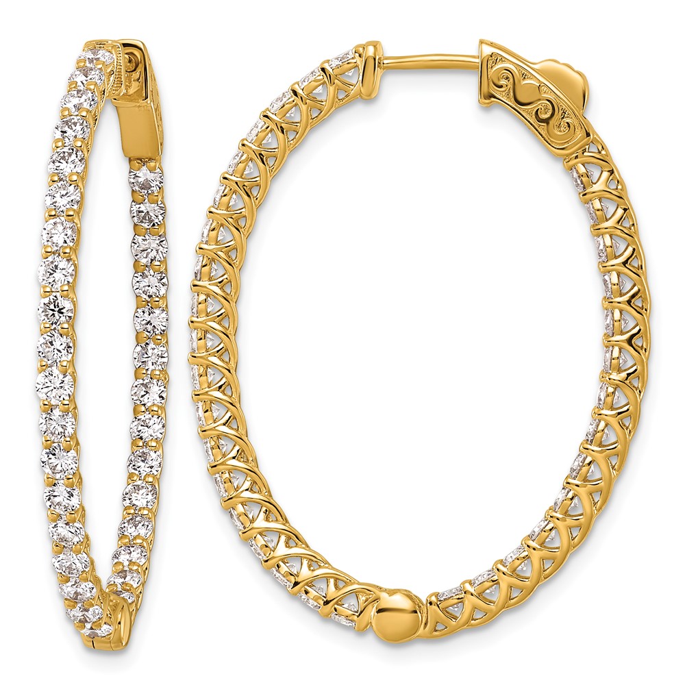 14K Yellow Gold 3.3 Carat Diamond Oval in Out Hoop Earrings with Safety Clasp