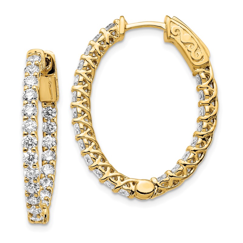 14k Yellow Gold 2 1/2 carat Lab Grown Diamond VS/SI+ G+ Oval In and Out Safety Clasp Hoop Earrings