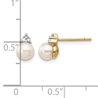 14K Yellow Gold 5-6mm White Round Freshwater Cultured Pearl and.01 Carat Diamond Post Earrings view 4