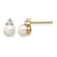 14K Yellow Gold 5-6mm White Round Freshwater Cultured Pearl and.01 Carat Diamond Post Earrings view 1