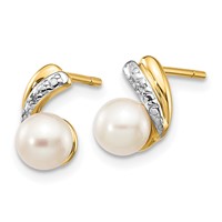 14K Yellow Gold 5-6mm White Round Freshwater Cultured Pearl and.01 Carat Diamond Post Earrings view 2