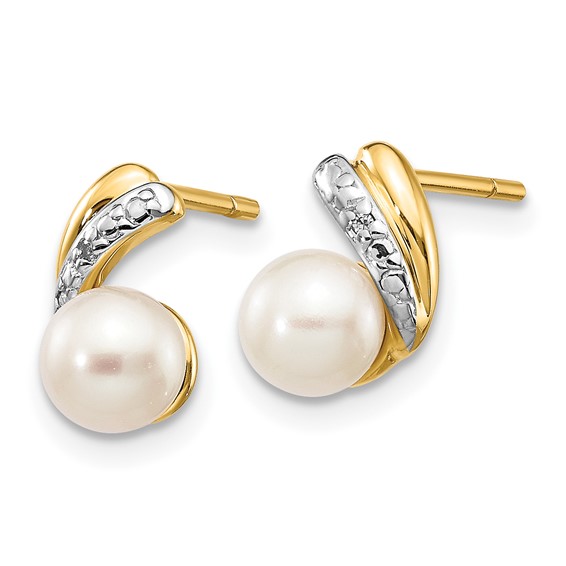 14k 5-6mm White Round Freshwater Cultured Pearl and .01 carat Diamond Post Earrings