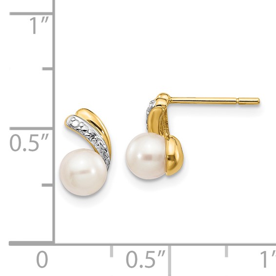14k 5-6mm White Round Freshwater Cultured Pearl and .01 carat Diamond Post Earrings