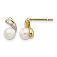 14K Yellow Gold 5-6mm White Round Freshwater Cultured Pearl and.01 Carat Diamond Post Earrings view 1