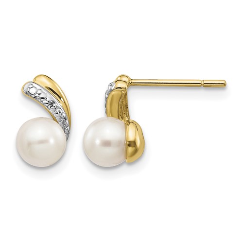 14K Yellow Gold 5-6mm White Round Freshwater Cultured Pearl and.01 Carat Diamond Post Earrings