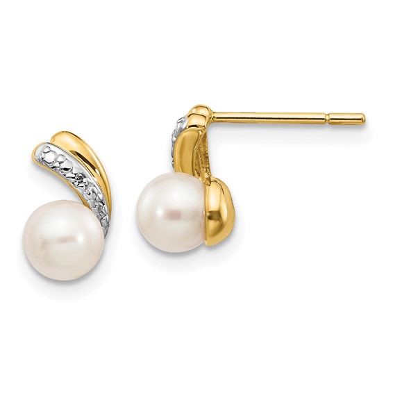 14k 5-6mm White Round Freshwater Cultured Pearl and .01 carat Diamond Post Earrings