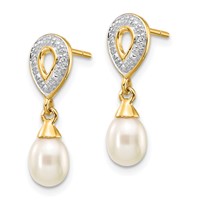 14K Yellow Gold 7x 5mm White Teardrop Freshwater Cultured Pearl and.01 Carat Diamond Dangle Post Earrings view 2