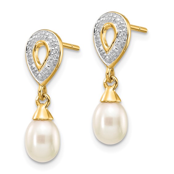 14k 7x5mm White Teardrop Freshwater Cultured Pearl and .01 carat Diamond Dangle Post Earrings