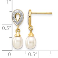 14K Yellow Gold 7x 5mm White Teardrop Freshwater Cultured Pearl and.01 Carat Diamond Dangle Post Earrings view 4