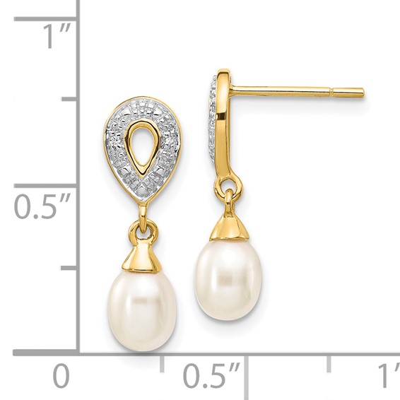 14k 7x5mm White Teardrop Freshwater Cultured Pearl and .01 carat Diamond Dangle Post Earrings