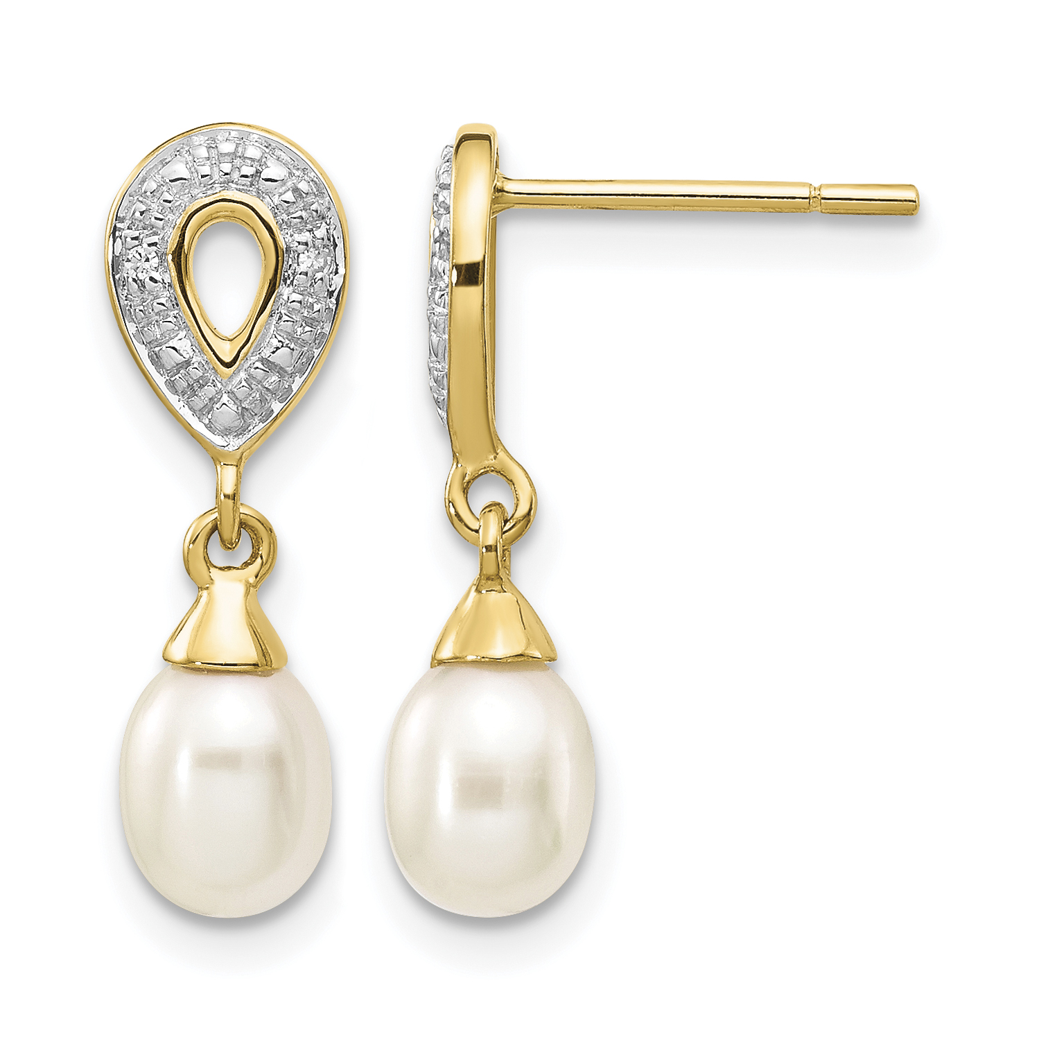 14k 7x5mm White Teardrop FWC Pearl .01ct Diamond Dangle Earrings (XE2494AA)