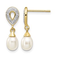 14K Yellow Gold 7x 5mm White Teardrop Freshwater Cultured Pearl and.01 Carat Diamond Dangle Post Earrings view 1