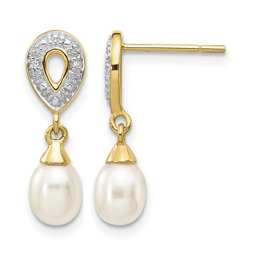 14K Yellow Gold 7x 5mm White Teardrop Freshwater Cultured Pearl and.01 Carat Diamond Dangle Post Earrings